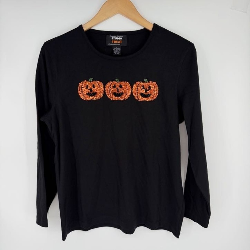 Studio Treat Halloween L/S T-Shirt L Sequins Beaded Pumpkin Jack O Lantern